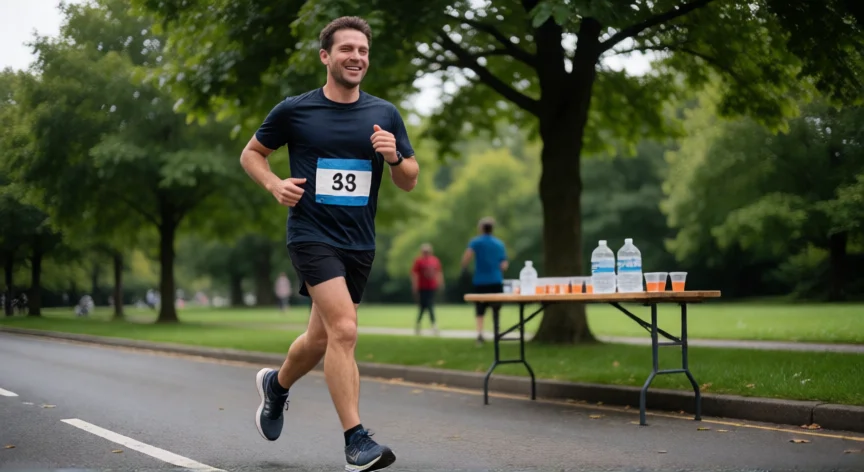 consejos para correr 21k por primera vez, Corredor amateur mid-carro en su primera media maratón entre árboles