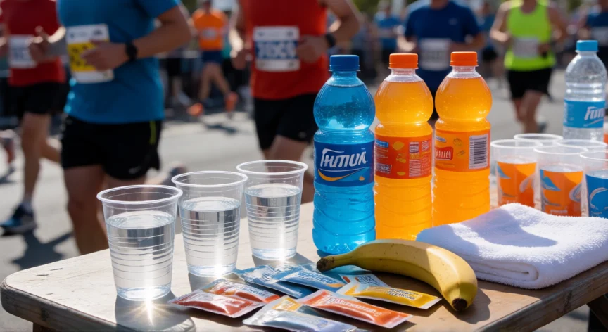 consejos para correr 42 km, Punto de avituallamiento en maratón con agua, geles y frutas