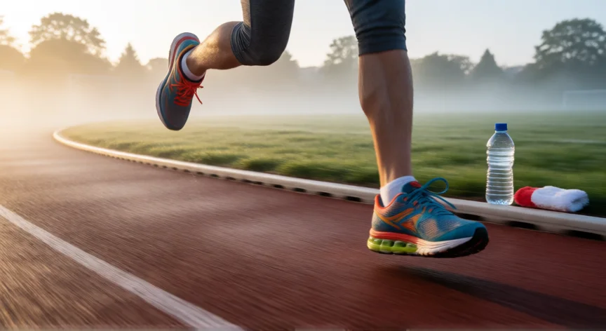 consejos para correr 5 km, Primer plano de zapatillas de running en acción sobre una pista al amanecer con niebla ligera