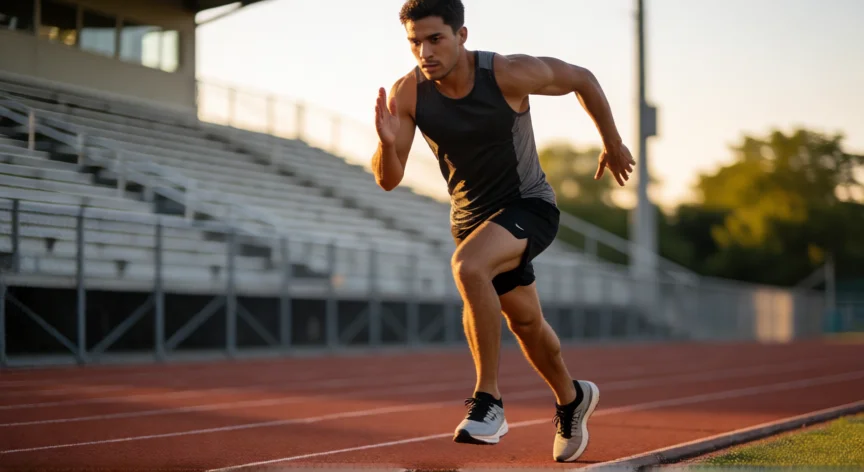 Corredor en pista al atardecer manteniendo ritmo intenso para un 5K de 20 minutos