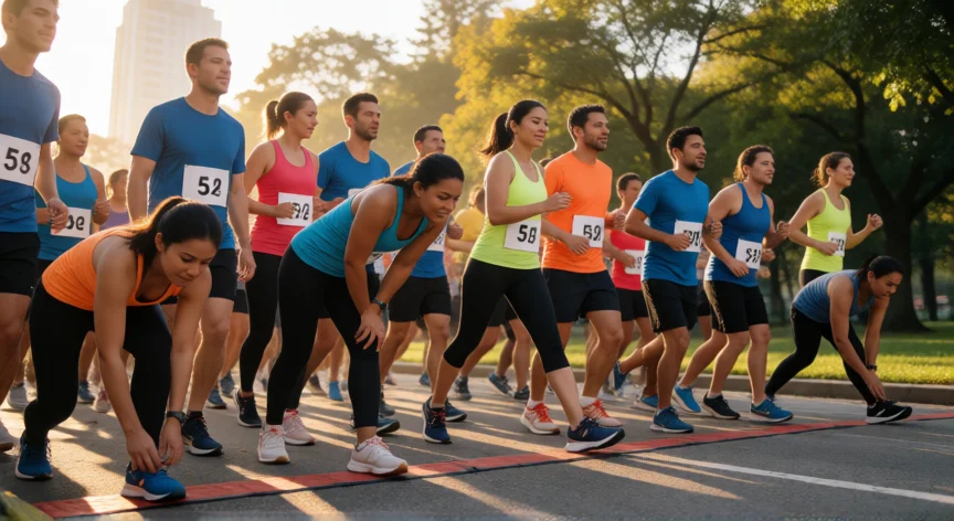 consejos para correr 5k, Corredores preparándose en la línea de salida de una carrera de 5K por la mañana