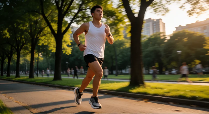 consejos para correr 5k, Runner en plena carrera por un sendero urbano con luz dorada de atardecer