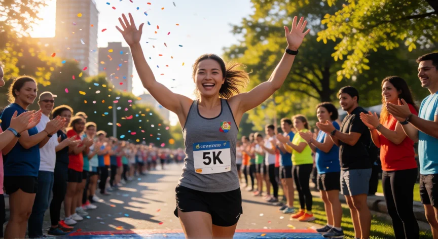 consejos para correr 5k por primera vez, Corredora cruzando la meta de su primer 5K con los brazos en alto y medalla al cuello