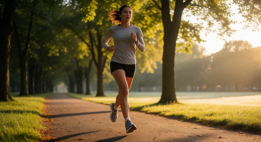 consejos para correr 7 km, Corredor en ruta de parque al amanecer durante una carrera de 7 km