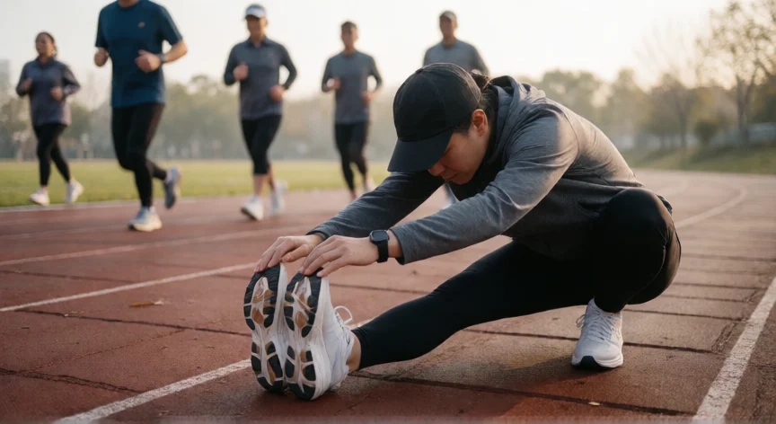 consejos para correr 7 km, Estiramientos post-carrera en pista de atletismo tras completar 7 kilómetros