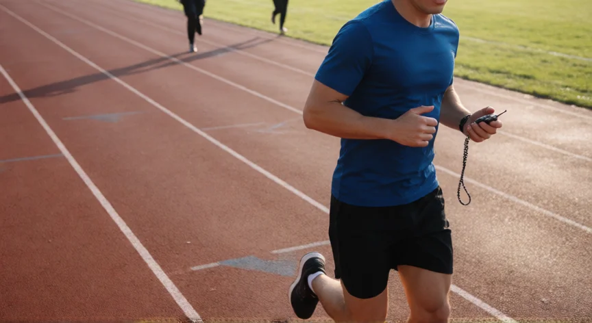 consejos para correr 800 metros, Corredor entrenando series de intervalos en pista con cronómetro