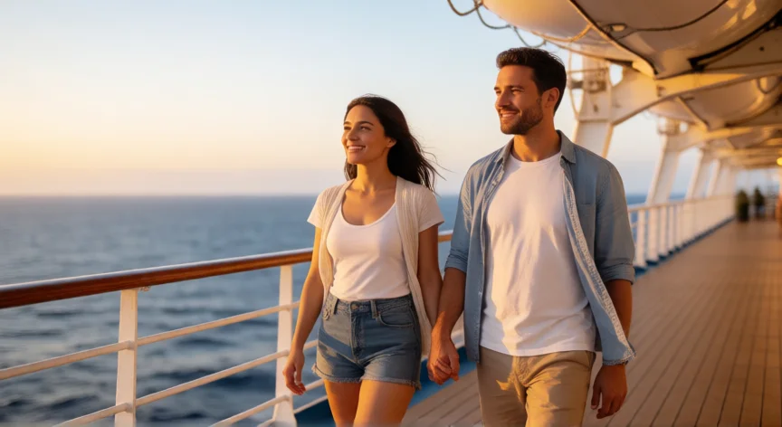 consejos para crucero msc, Pareja paseando por la terraza exterior de un crucero MSC al atardecer