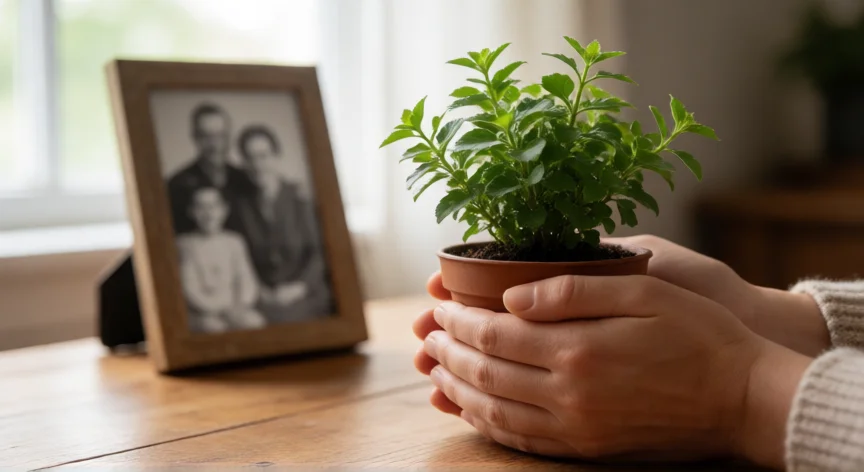 consejos para cuando fallece un ser querido, Manos sosteniendo una planta con un cuadro familiar de fondo, símbolo de cuidado y memoria