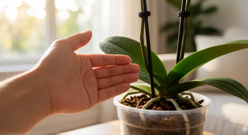 Manos regando una orquídea Phalaenopsis en maceta transparente con raíces aéreas visibles