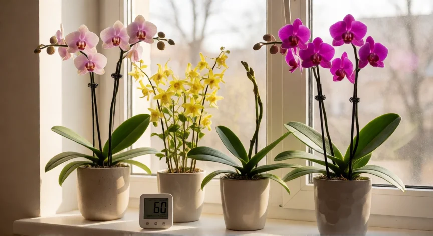 consejos para cuidar orquideas, Varias orquídeas en una ventana luminosa con termohigrómetro y nueva espiga floral