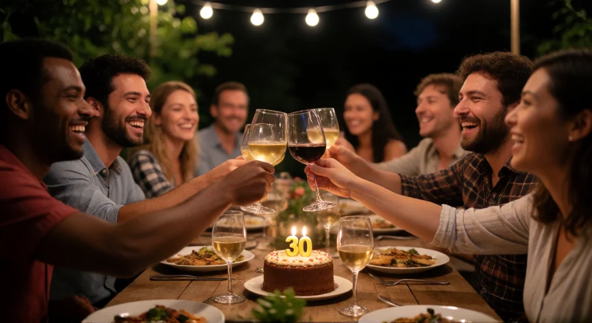 consejos para cumplir 30, Grupo de amigos celebrando los 30 años de su compañero alrededor de una mesa al aire libre