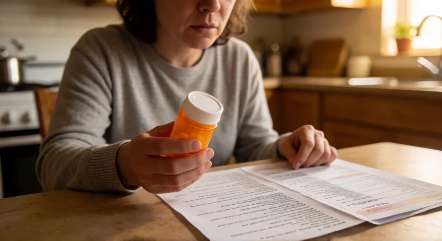 consejos para cumplir 30 efectos secundarios, Persona confundida mirando la larga lista de efectos secundarios en el prospecto de un medicamento