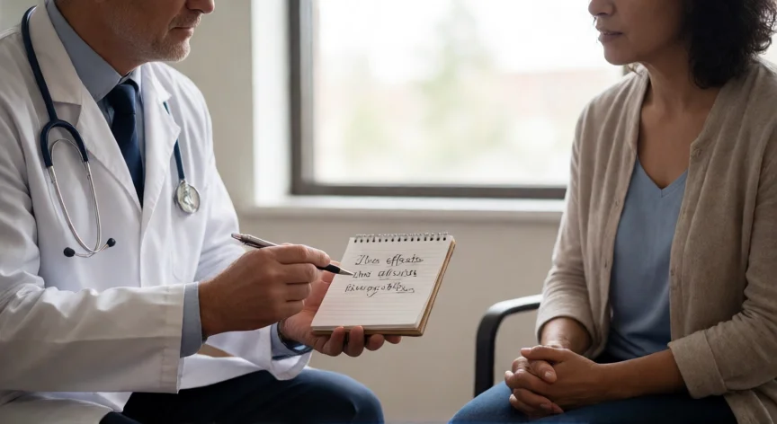 consejos para cumplir 30 efectos secundarios, Médico y paciente revisando juntos una lista de efectos secundarios en consulta