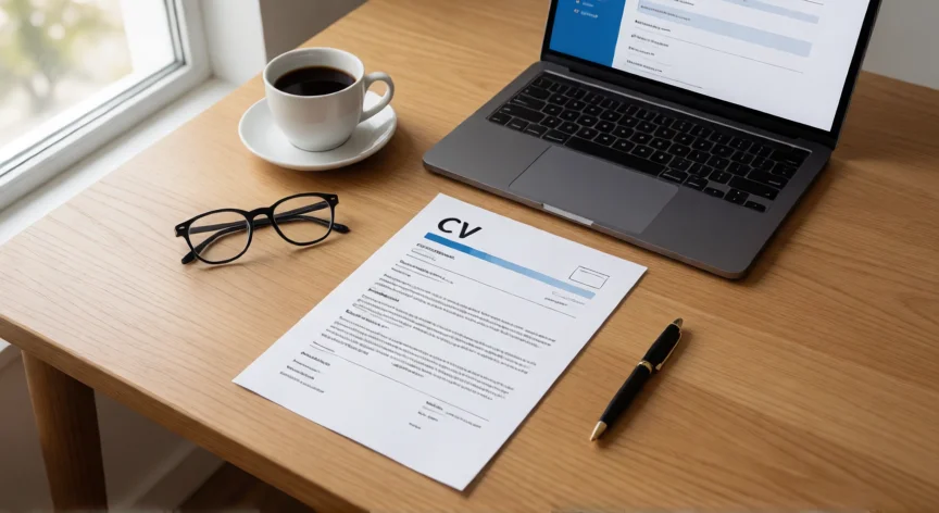 consejos para cv 2025, Escritorio con CV impreso ordenado junto a portátil en oficina