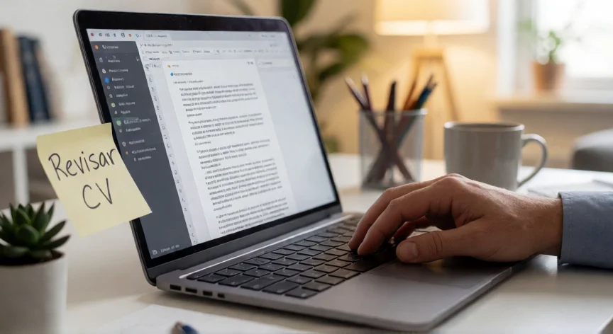 consejos para cv 2025, Persona editando su CV en portátil en oficina en casa