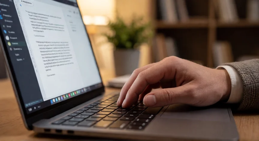 consejos para cv 2026, Manos escribiendo en portátil editando un documento profesional en oficina