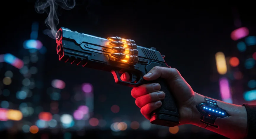 consejos para cyberpunk 2077, Manos con pistola futurista y rondas incandescentes cargadas en la oscuridad