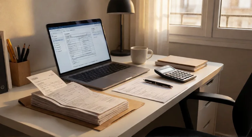 consejos para declarar como investigado, Mesa de trabajo con documentación fiscal organizada para la declaración de la renta