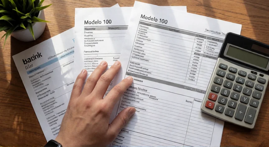 consejos para declarar como investigado, Manos organizando documentación fiscal y extractos bancarios sobre una mesa