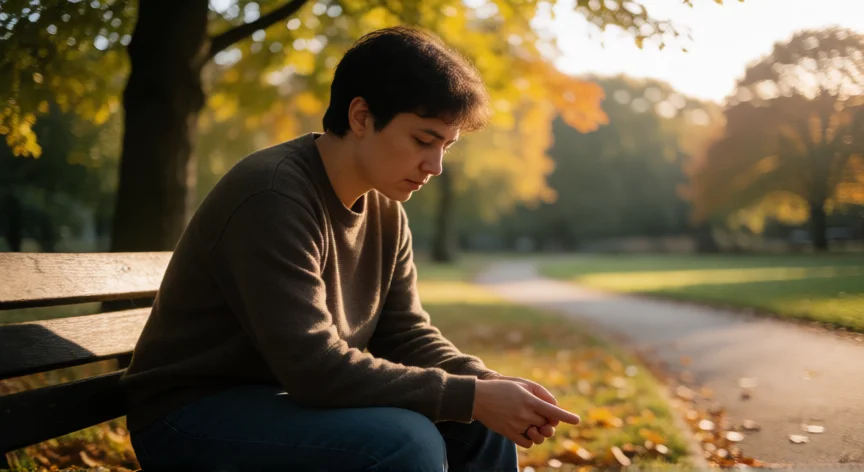 consejos para dejar de ser orgulloso, Persona reflexionando en un banco de parque al atardecer, momento de vulnerabilidad