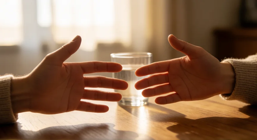 consejos para dejar de ser orgulloso, Dos manos extendiéndose en una mesa, gesto de pedir y ofrecer perdón