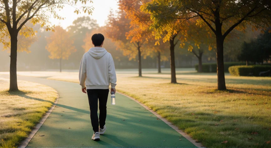 consejos para dejar el alcohol, Persona caminando por un parque por la mañana como alternativa saludable al alcohol