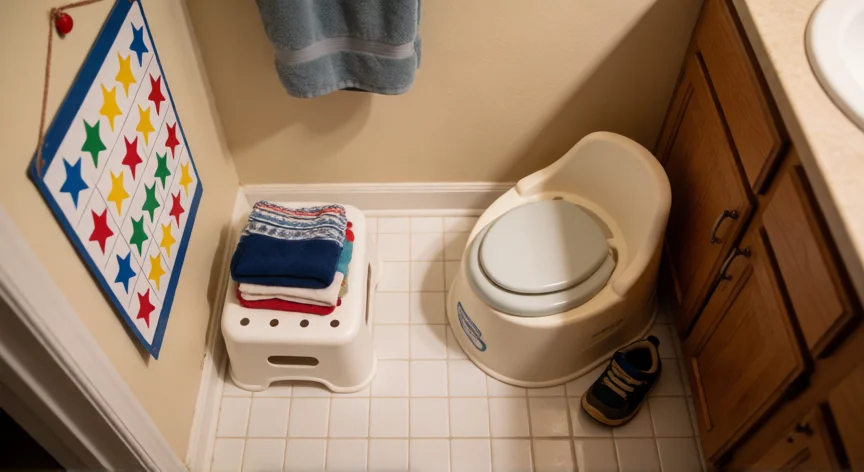consejos para dejar el pañal, Esquina de baño preparada con orinal, escalón y cartel de recompensas para dejar el pañal