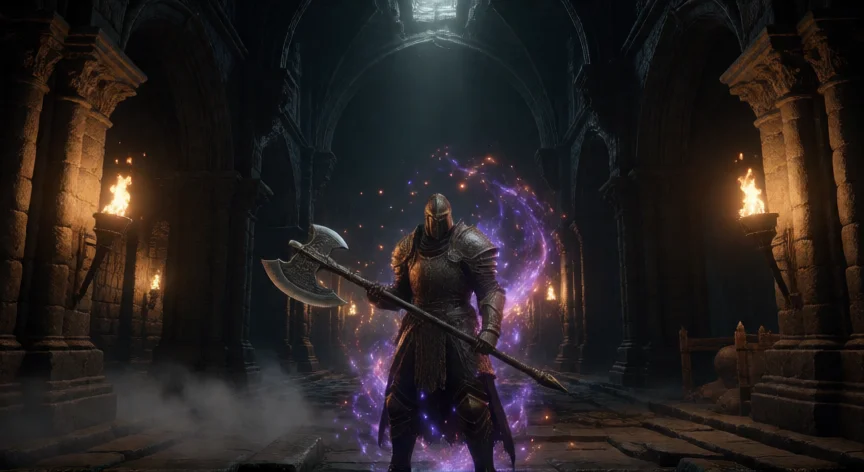 consejos para diablo 4, Personaje de Diablo 4 en interior gótico de catedral con armadura pesada
