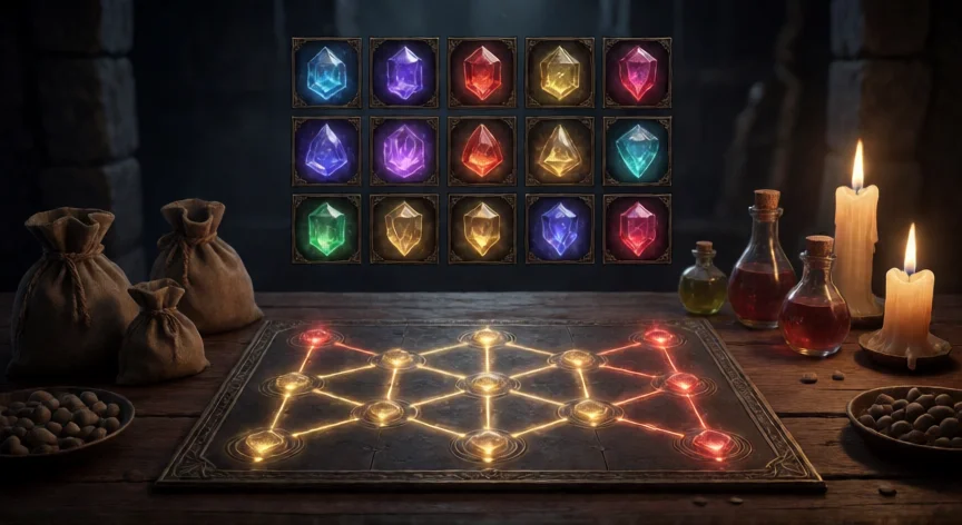 consejos para diablo 4, Interfaz de inventario y tablero Paragon de Diablo 4 con gemas brillantes