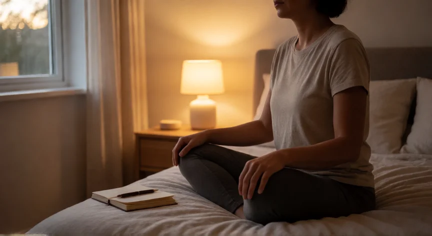 consejos para dormir, Persona practicando respiración profunda en la cama antes de dormir