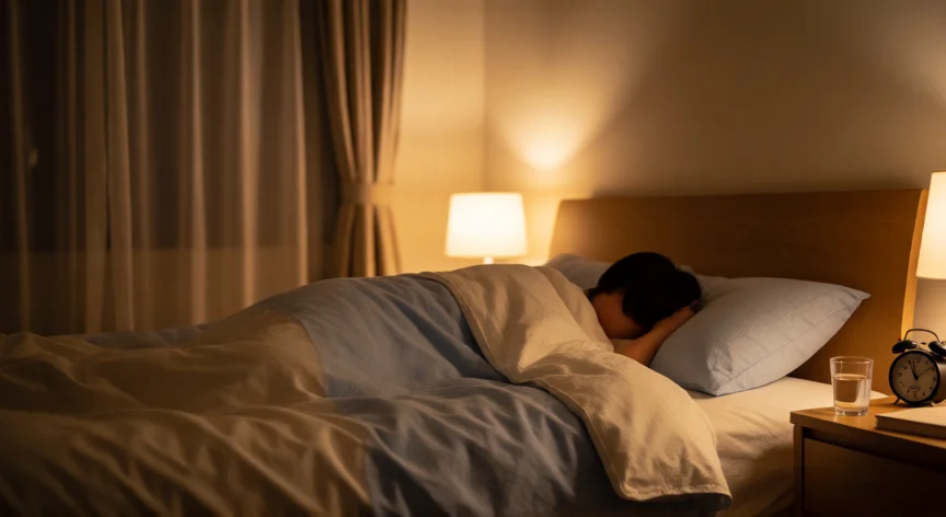 Habitación tranquila por la noche con una persona durmiendo profundamente