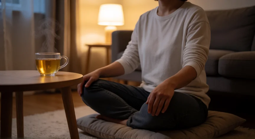 consejos para dormir 8 horas, Persona practicando respiración consciente antes de dormir con té de manzanilla