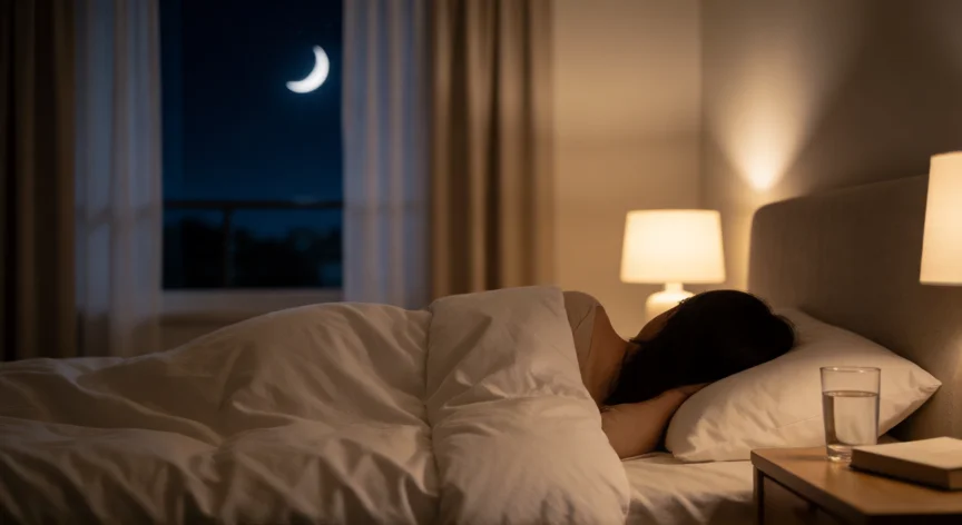 consejos para dormir 8 horas seguidas, Persona durmiendo en una habitación oscura y tranquila con luz tenue de lámpara de noche