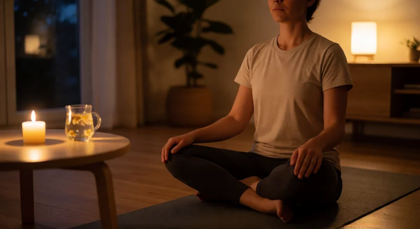 consejos para dormir 8 horas seguidas, Persona haciendo respiración diafragmática en una habitación oscura con vela y té de manzanilla