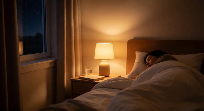 Habitación tranquila preparada para dormir con luz cálida y cortinas blackout