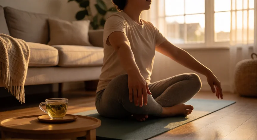 consejos para dormir bien, Persona estirando suavemente en casa por la tarde antes de acostarse
