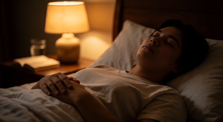 Persona relajada en la cama con la técnica de respiración 4-7-8 aplicada en un dormitorio oscuro y cálido