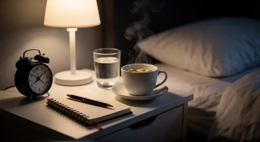 consejos para dormir rápido, Mesa de noche con cuaderno para volcado mental, infusión de manzanilla y reloj orientado hacia la pared