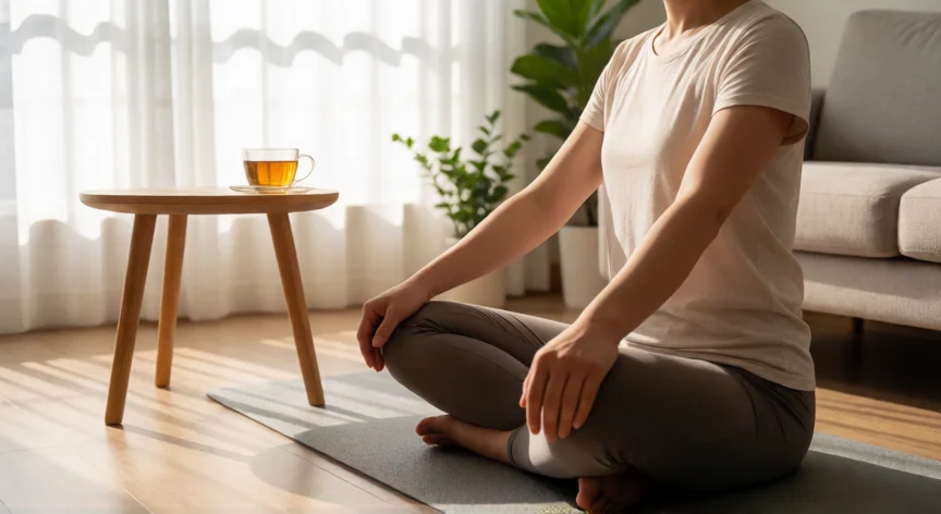 consejos para dormir y descansar bien, Persona practicando respiración consciente por la mañana con luz natural