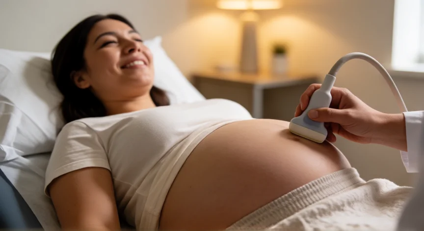 consejos para eco 5d, Mujer embarazada durante una ecografía 5D en clínica