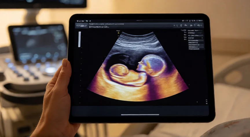 consejos para eco 5d, Pantalla con imagen de ecografía 5D del bebé en perfil