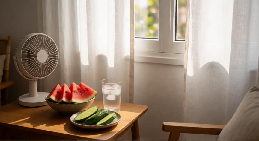 consejos para el calor, Interior de un apartamento fresco con fruta de temporada, abanico y luz de tarde filtrada por cortinas