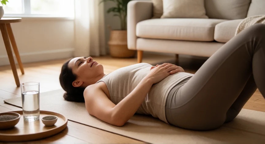 consejos para el estreñimiento, Mujer realizando un masaje abdominal en sentido horario sobre una esterilla de yoga en su salón
