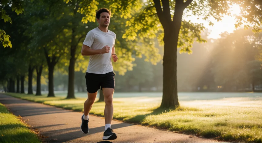 consejos para empezar a correr, Principiante corriendo por un parque al amanecer con luz dorada entre los árboles