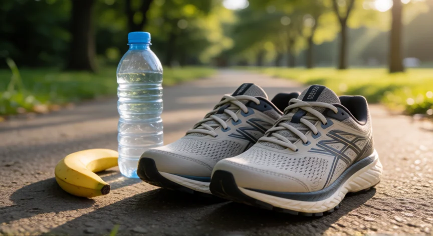 consejos para empezar a correr, Zapatillas de running, botella de agua y plátano sobre un sendero de parque