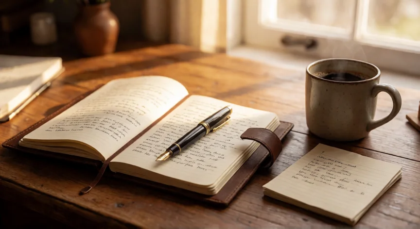Escritorio de escritura con cuaderno abierto, bolígrafo y café, luz natural