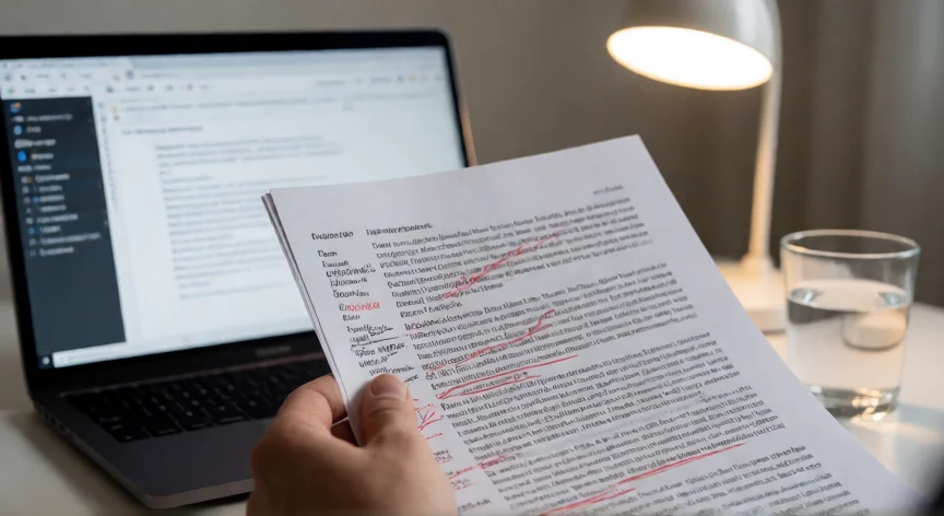 consejos para escribir un libro, Manos revisando un manuscrito impreso con anotaciones en rojo