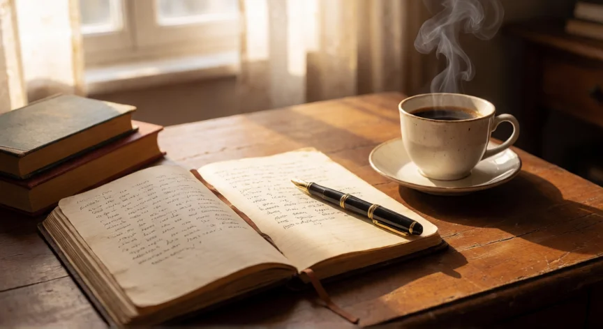 Mesa de escritura con cuaderno abierto, bolígrafo y café por la mañana