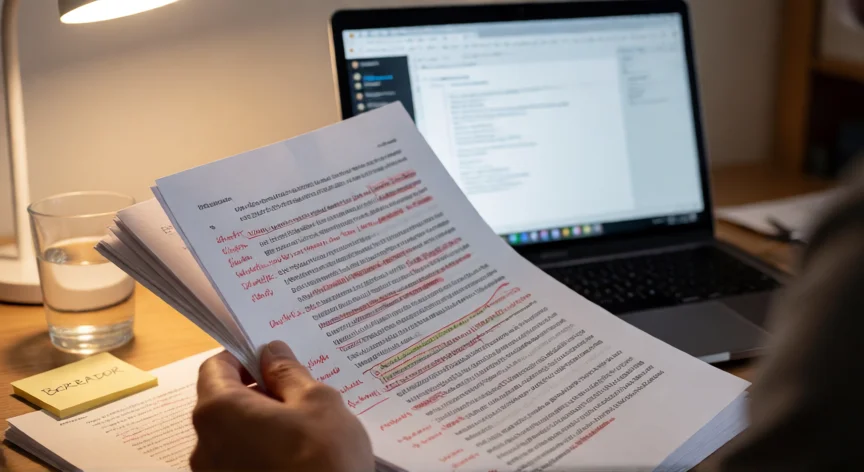 consejos para escribir un libro por primera vez, Manuscrito impreso con anotaciones de edición en rojo sobre una mesa de trabajo