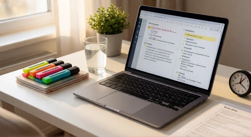 consejos para estudiar, Mesa de estudio organizada con apuntes, laptop y temporizador Pomodoro